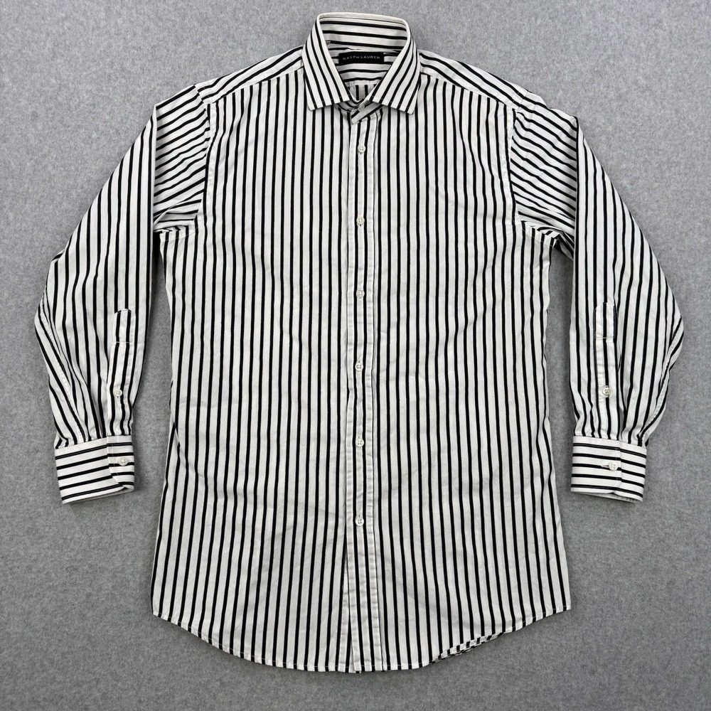 Ralph Lauren Shirt Mens Small White Striped Black Label Button Up Made In Italy